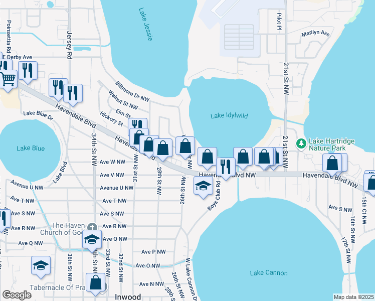 map of restaurants, bars, coffee shops, grocery stores, and more near 1079 Trinity Circle Northwest in Winter Haven