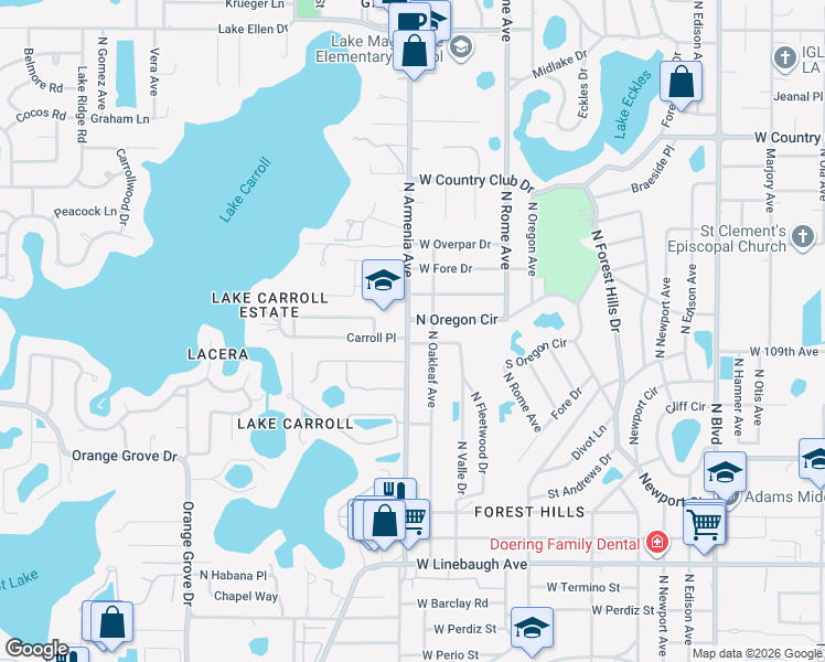 map of restaurants, bars, coffee shops, grocery stores, and more near 10902 North Oakleaf Avenue in Tampa