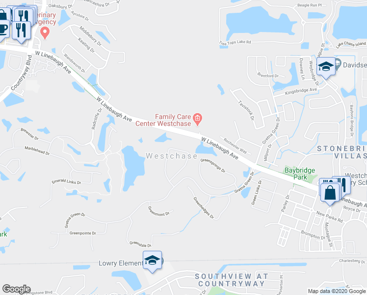 map of restaurants, bars, coffee shops, grocery stores, and more near 10540 Greencrest Drive in Tampa