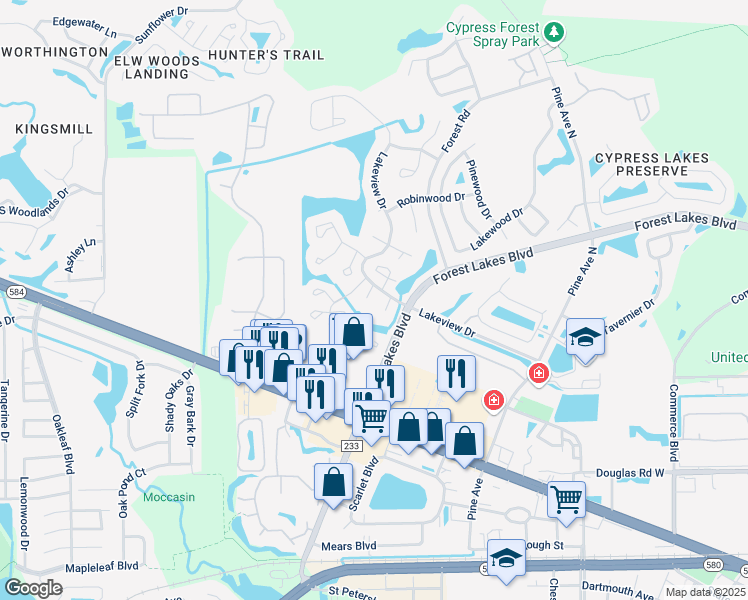 map of restaurants, bars, coffee shops, grocery stores, and more near 301 Lake Placid Court in Oldsmar
