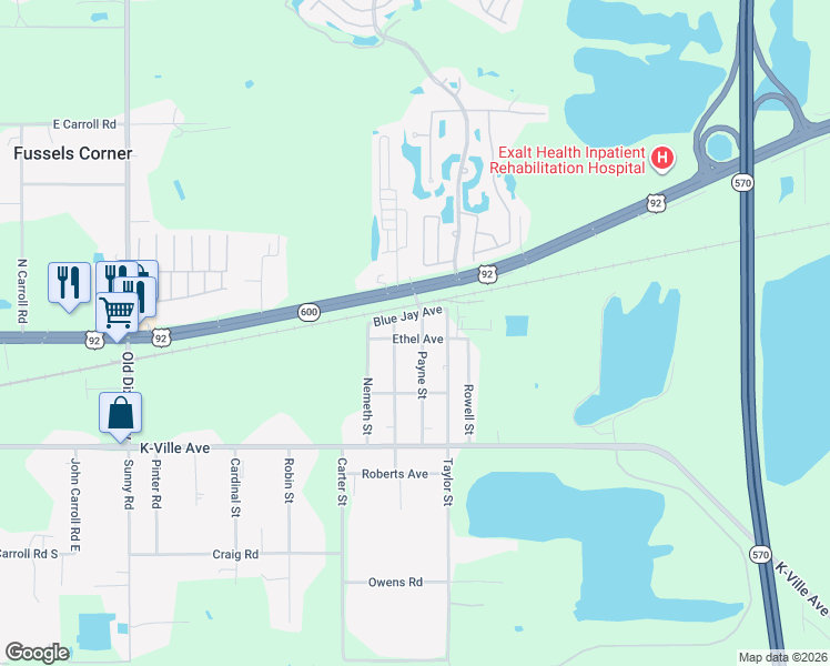 map of restaurants, bars, coffee shops, grocery stores, and more near 3831 Blue Jay Avenue in Auburndale