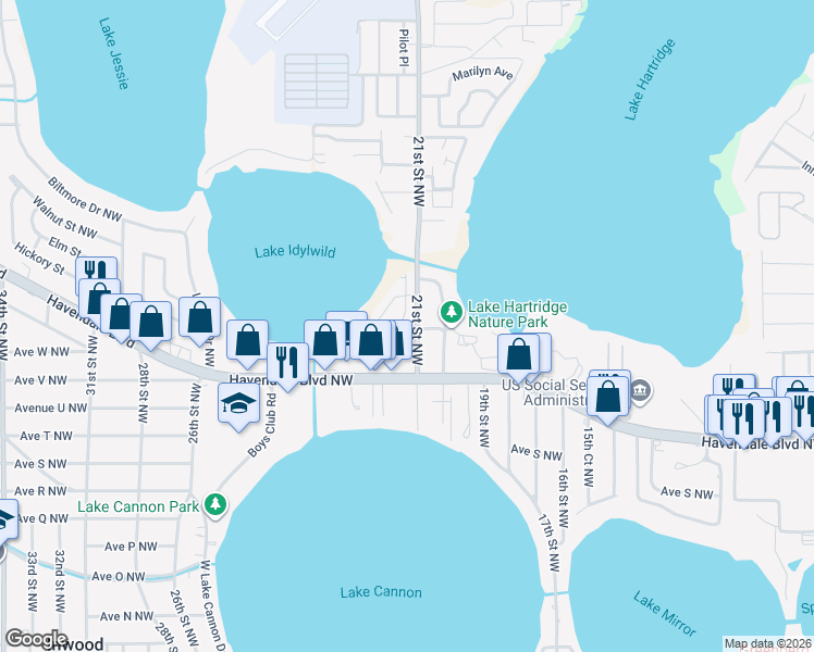 map of restaurants, bars, coffee shops, grocery stores, and more near 2204 21st Street Northwest in Winter Haven
