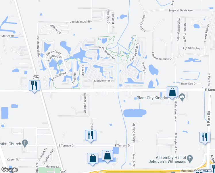 map of restaurants, bars, coffee shops, grocery stores, and more near 417 South Edgewater Drive in Plant City