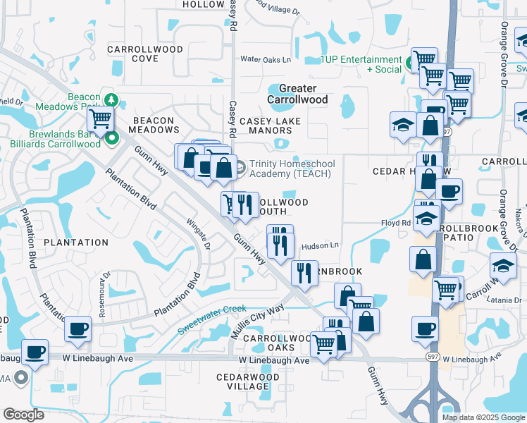 map of restaurants, bars, coffee shops, grocery stores, and more near 10901 Winter Oak Place in Tampa