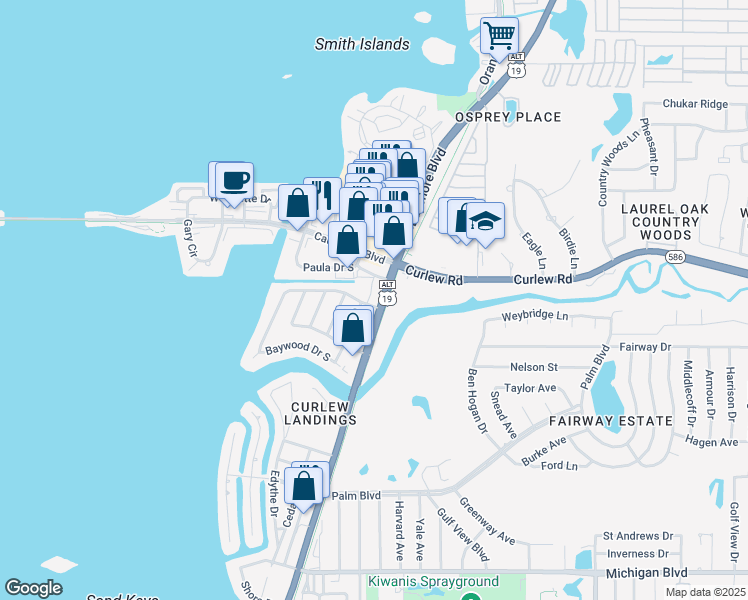 map of restaurants, bars, coffee shops, grocery stores, and more near 2494 Bayshore Boulevard in Dunedin