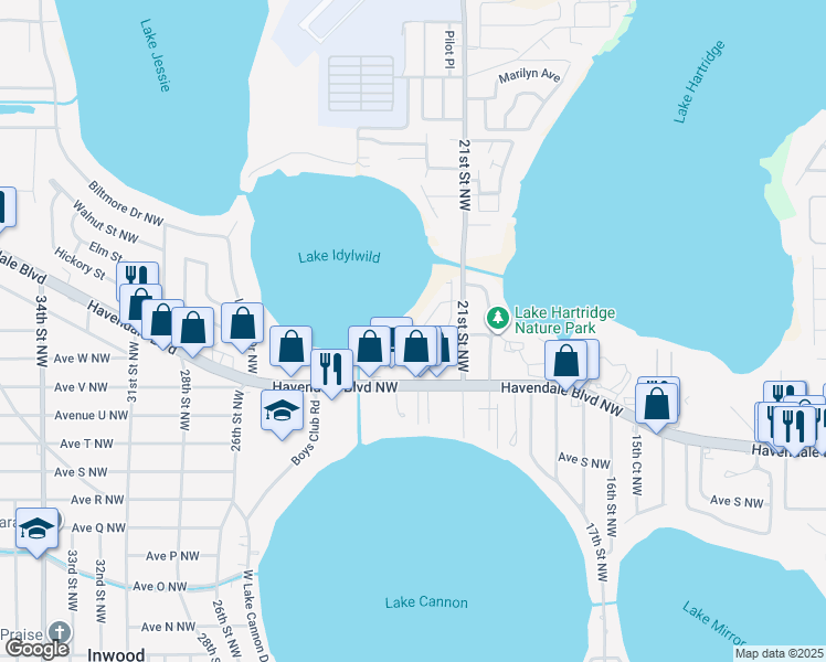 map of restaurants, bars, coffee shops, grocery stores, and more near 2205 21st Street Northwest in Winter Haven