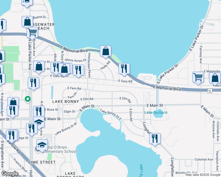 map of restaurants, bars, coffee shops, grocery stores, and more near 1815 East Gary Road in Lakeland