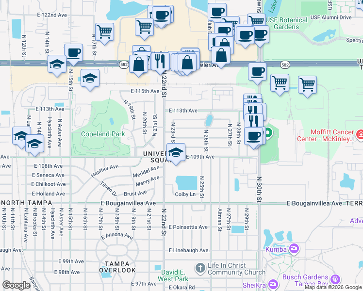 map of restaurants, bars, coffee shops, grocery stores, and more near 2313 East 110th Avenue in Tampa
