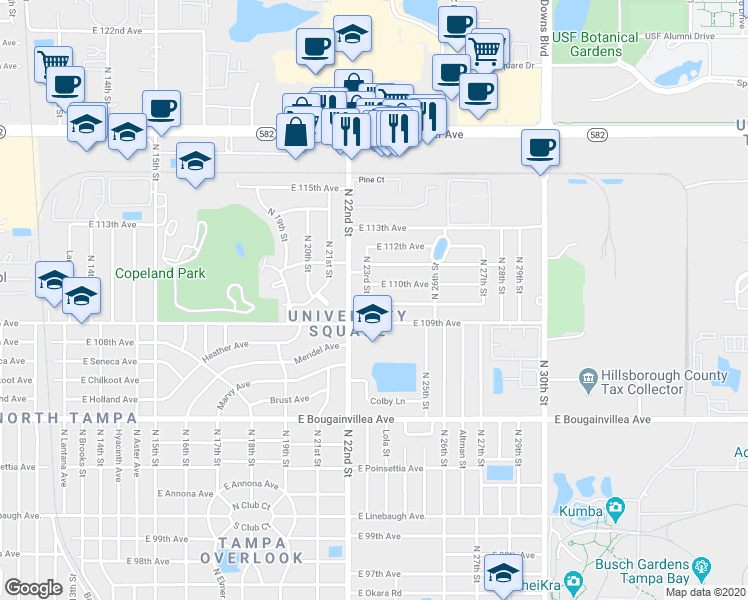 map of restaurants, bars, coffee shops, grocery stores, and more near 10908 North 23rd Street in Tampa