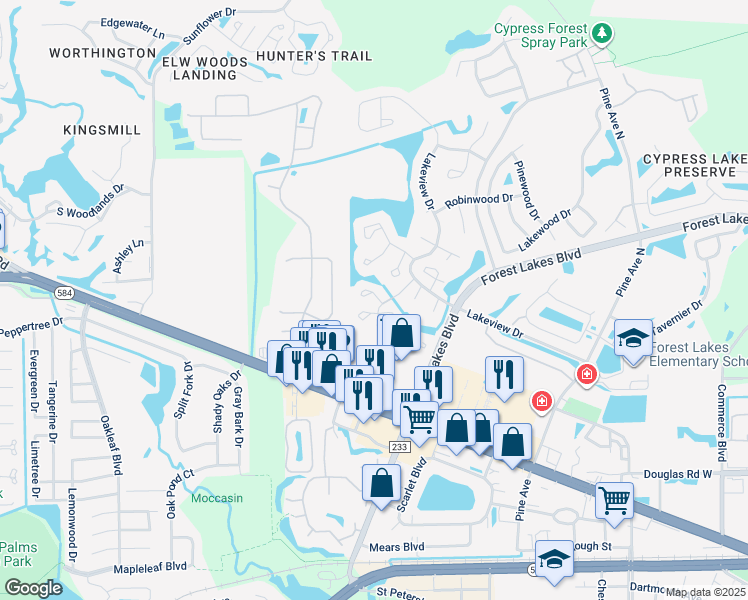 map of restaurants, bars, coffee shops, grocery stores, and more near 201 Cedar Key Court in Oldsmar