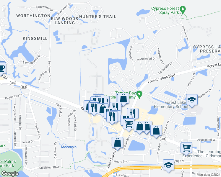 map of restaurants, bars, coffee shops, grocery stores, and more near 126 Loblolly Court in Oldsmar