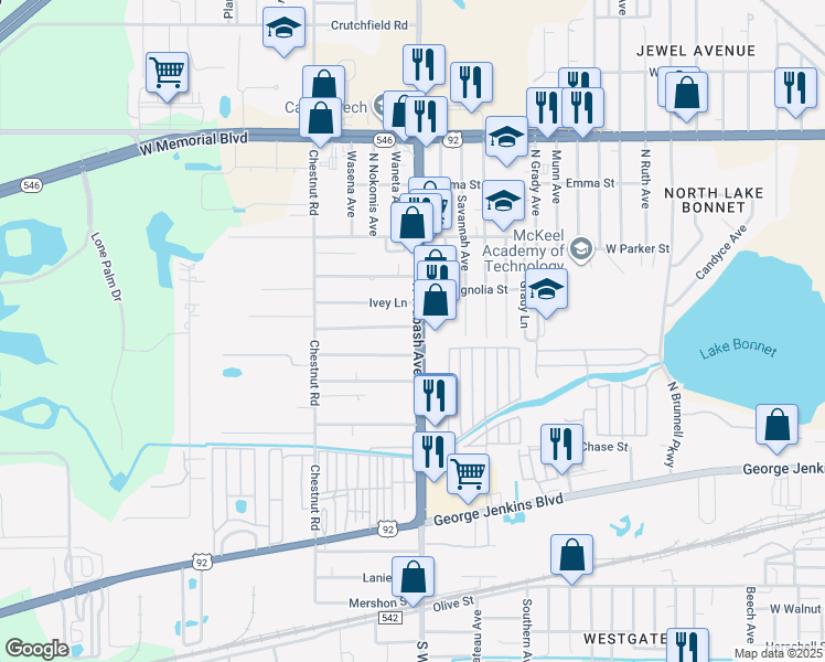 map of restaurants, bars, coffee shops, grocery stores, and more near 606 North Wabash Avenue in Lakeland