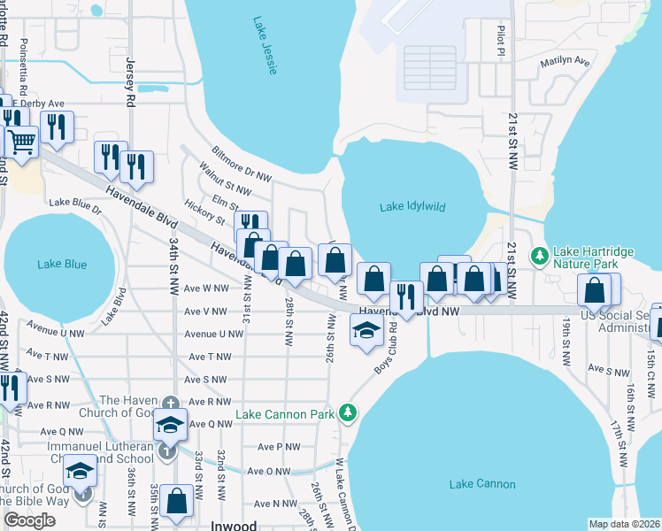 map of restaurants, bars, coffee shops, grocery stores, and more near 2602 Trinity Circle Northwest in Winter Haven