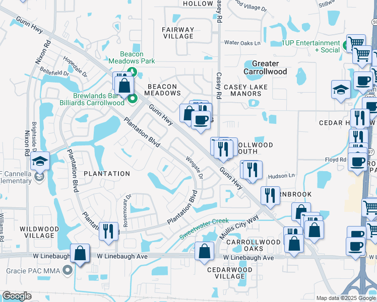map of restaurants, bars, coffee shops, grocery stores, and more near 11013 Ashbourne Circle in Tampa