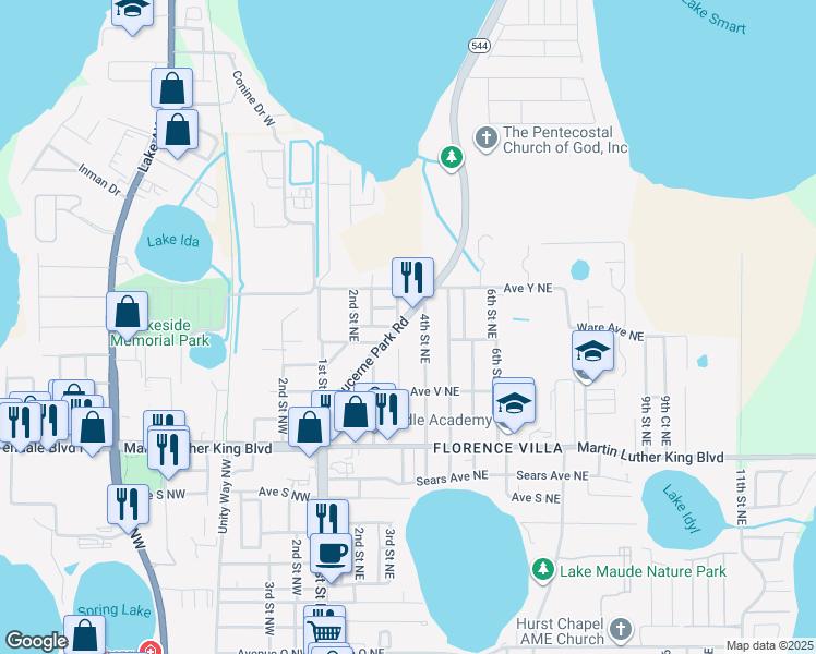 map of restaurants, bars, coffee shops, grocery stores, and more near 426 4th Street Southeast in Winter Haven