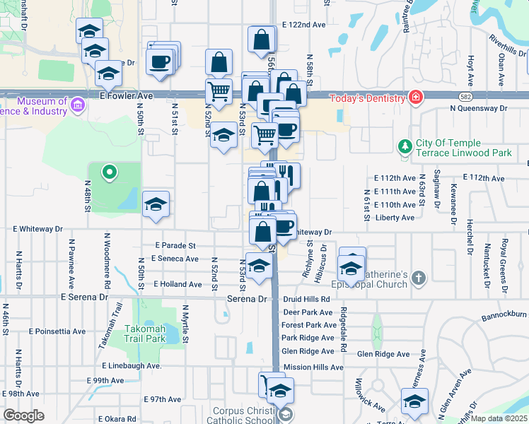 map of restaurants, bars, coffee shops, grocery stores, and more near 11105 North 56th Street in Temple Terrace
