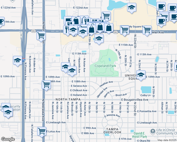 map of restaurants, bars, coffee shops, grocery stores, and more near 10910 North 15th Street in Tampa