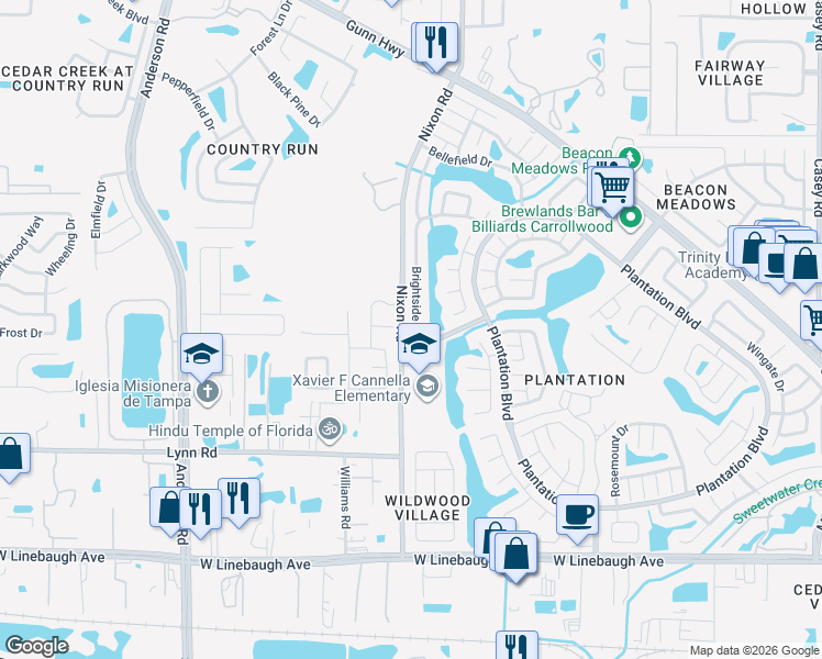 map of restaurants, bars, coffee shops, grocery stores, and more near 10908 Brightside Drive in Tampa