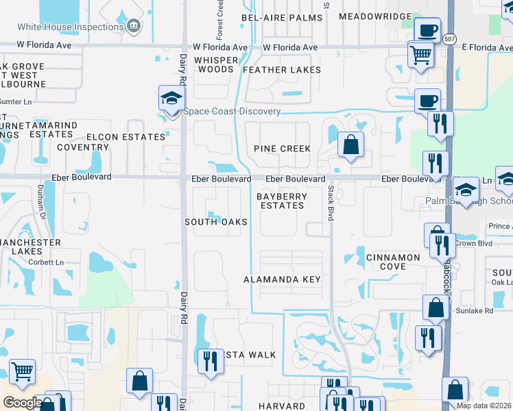 map of restaurants, bars, coffee shops, grocery stores, and more near 1060 South Fork Circle in Melbourne
