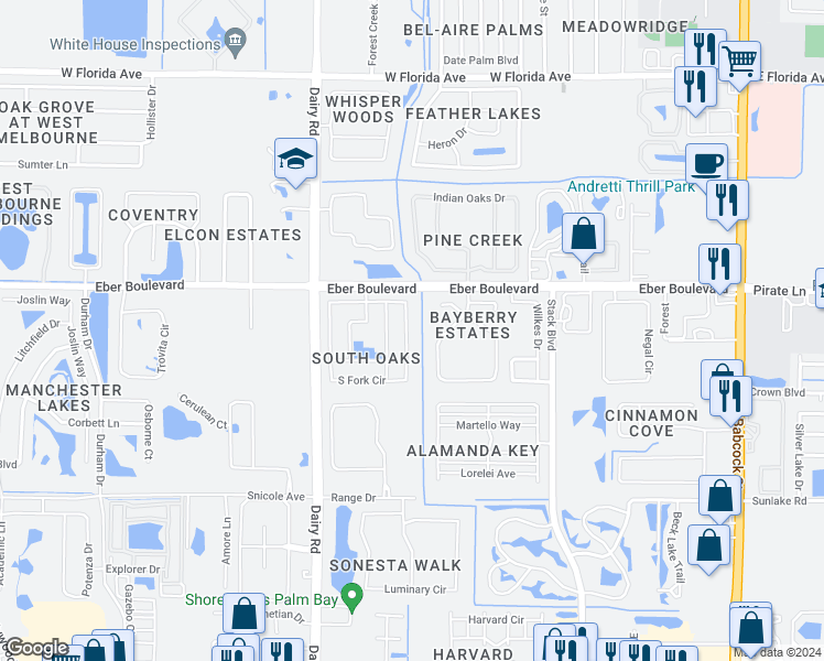 map of restaurants, bars, coffee shops, grocery stores, and more near 1054 South Fork Circle in Melbourne