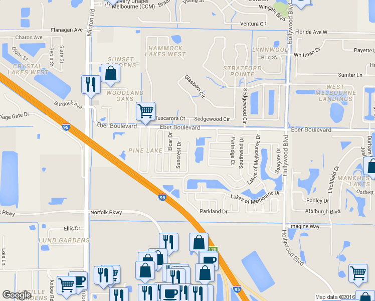 map of restaurants, bars, coffee shops, grocery stores, and more near 3590 Redman Drive in Melbourne