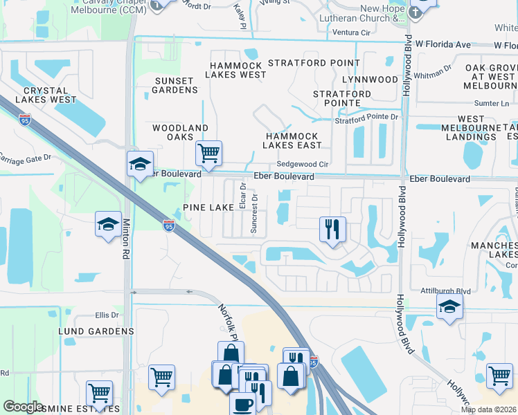 map of restaurants, bars, coffee shops, grocery stores, and more near 3590 Redman Drive in Melbourne