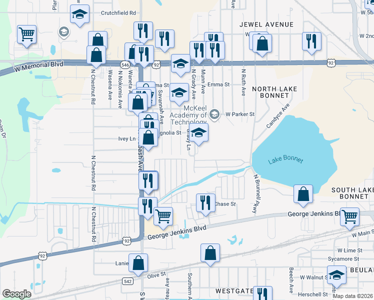 map of restaurants, bars, coffee shops, grocery stores, and more near 618 North Grady Avenue in Lakeland