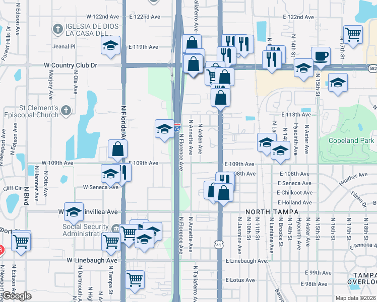 map of restaurants, bars, coffee shops, grocery stores, and more near 10913 North Annette Avenue in Tampa