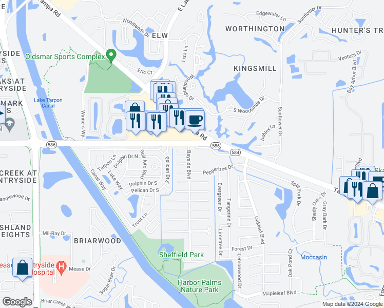 map of restaurants, bars, coffee shops, grocery stores, and more near 107 Bayside Boulevard in Oldsmar