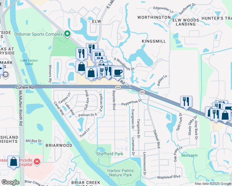 map of restaurants, bars, coffee shops, grocery stores, and more near 2000 Mandalay Court in Oldsmar