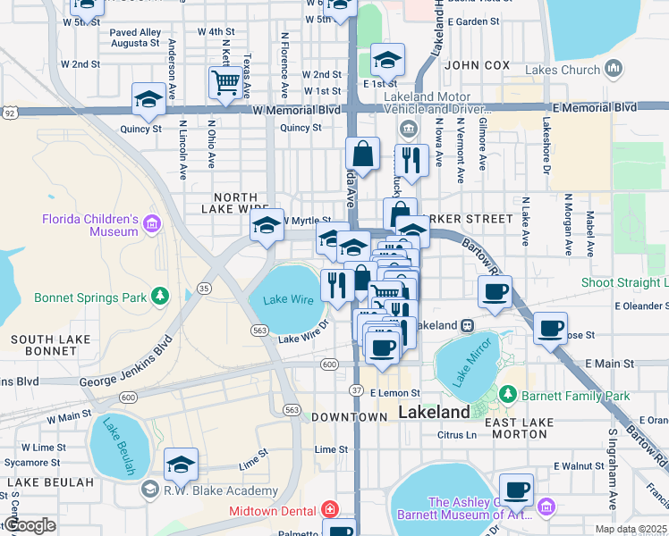 map of restaurants, bars, coffee shops, grocery stores, and more near 400 North Florida Avenue in Lakeland