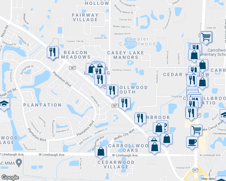 map of restaurants, bars, coffee shops, grocery stores, and more near 4438 Summer Oak Drive in Tampa