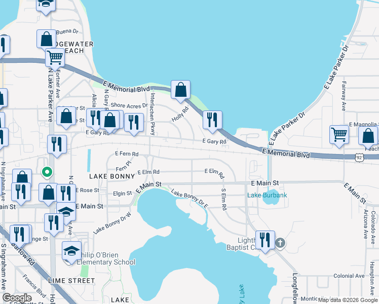 map of restaurants, bars, coffee shops, grocery stores, and more near 1815 East Gary Road in Lakeland