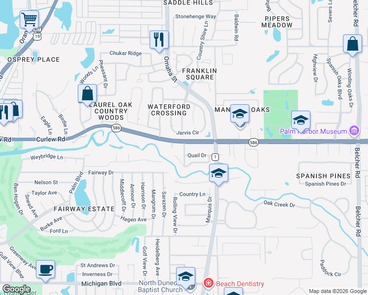 map of restaurants, bars, coffee shops, grocery stores, and more near 1610 Cardinal Road in Dunedin