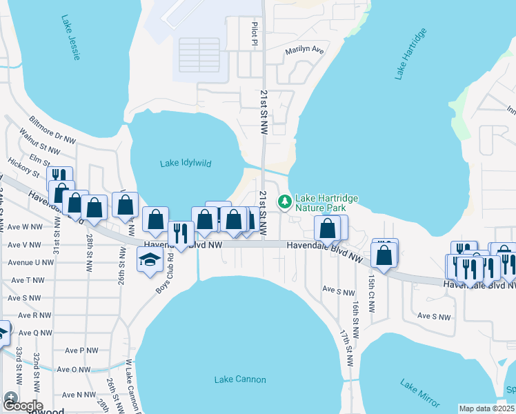 map of restaurants, bars, coffee shops, grocery stores, and more near 2204 21st Street Northwest in Winter Haven