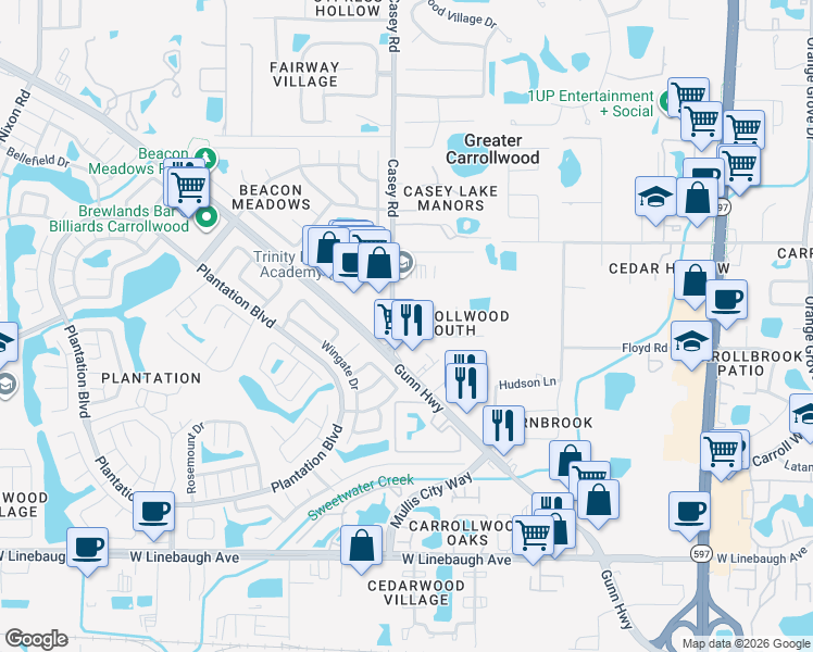 map of restaurants, bars, coffee shops, grocery stores, and more near 4438 Summer Oak Drive in Tampa