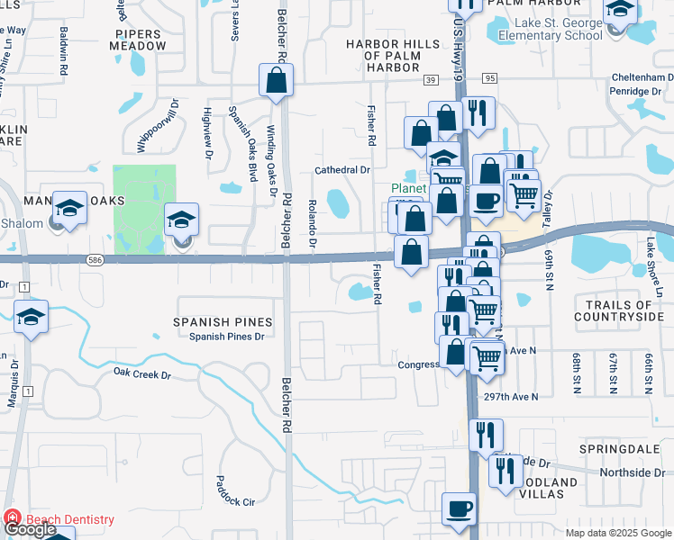 map of restaurants, bars, coffee shops, grocery stores, and more near 3487 Oak Street in Dunedin