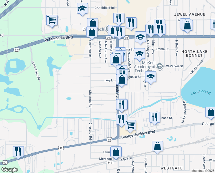 map of restaurants, bars, coffee shops, grocery stores, and more near in Lakeland