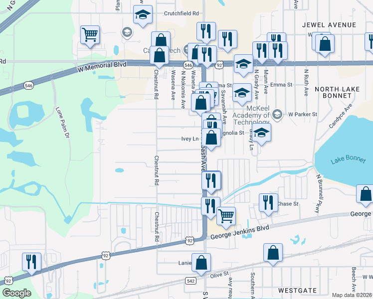 map of restaurants, bars, coffee shops, grocery stores, and more near in Lakeland