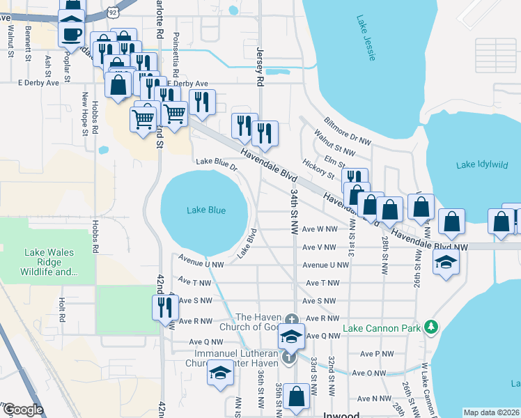 map of restaurants, bars, coffee shops, grocery stores, and more near 3413 Avenue X Northwest in Winter Haven