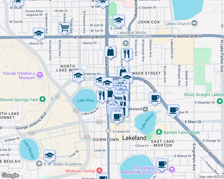 map of restaurants, bars, coffee shops, grocery stores, and more near 411 North Florida Avenue in Lakeland