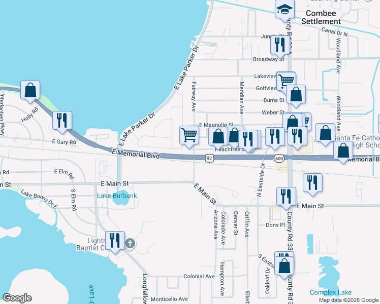 map of restaurants, bars, coffee shops, grocery stores, and more near 2190 U.S. 92 in Lakeland