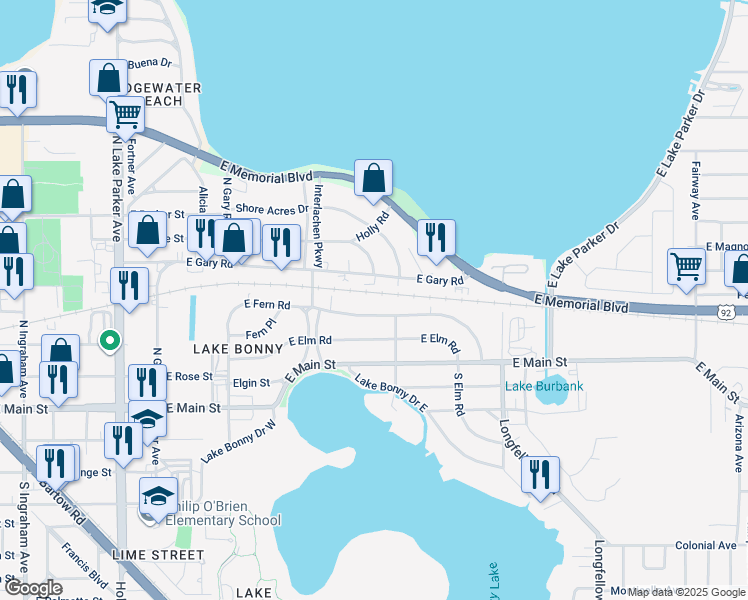 map of restaurants, bars, coffee shops, grocery stores, and more near 1720 East Fern Road in Lakeland