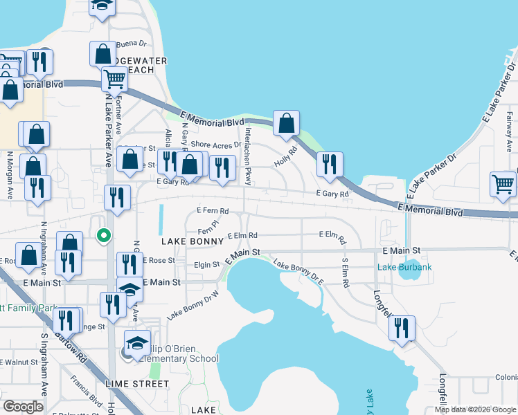 map of restaurants, bars, coffee shops, grocery stores, and more near 1620 East Fern Road in Lakeland