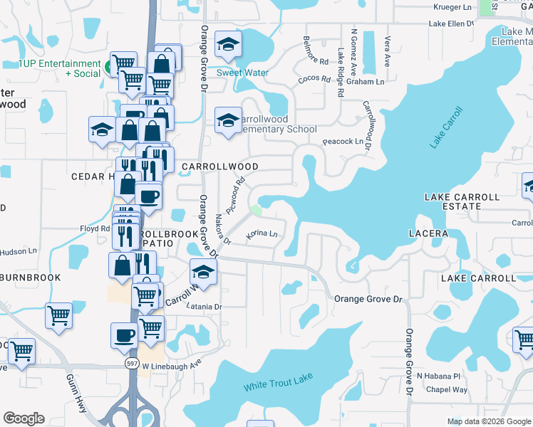 map of restaurants, bars, coffee shops, grocery stores, and more near 10715 Carrollwood Dr in Tampa