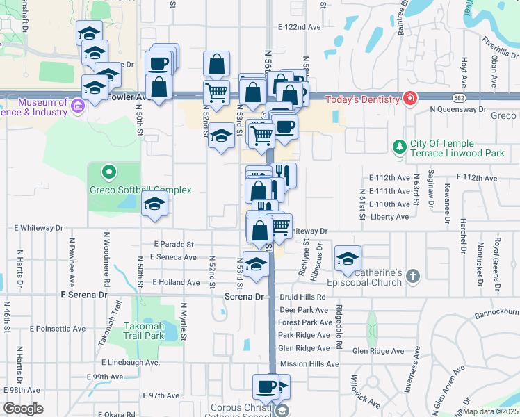 map of restaurants, bars, coffee shops, grocery stores, and more near 11131 Normandy Place in Temple Terrace