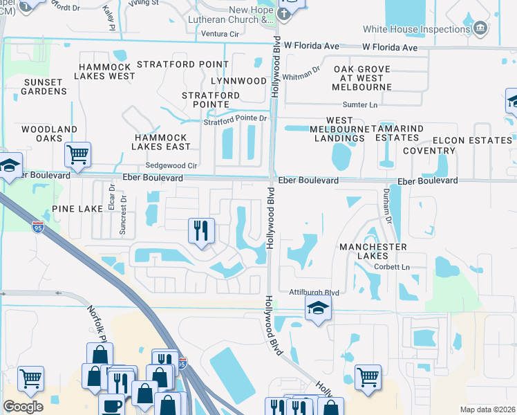map of restaurants, bars, coffee shops, grocery stores, and more near 3817 Seagate Drive in Melbourne