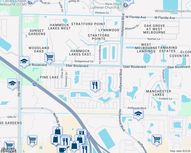 map of restaurants, bars, coffee shops, grocery stores, and more near 3557 Partridge Court in Melbourne