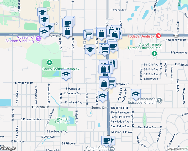 map of restaurants, bars, coffee shops, grocery stores, and more near 11030 Le Jardin Circle in Temple Terrace