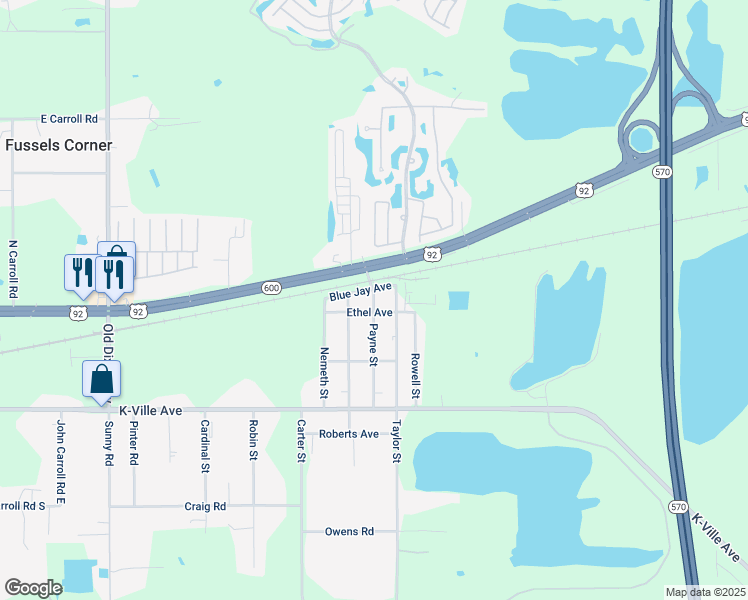 map of restaurants, bars, coffee shops, grocery stores, and more near 3831 Blue Jay Avenue in Auburndale
